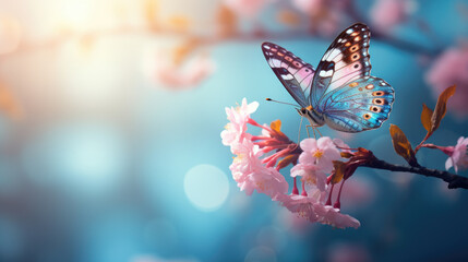 Butterfly perched on the branch of a cherry blossom tree, with delicate pink flowers in full bloom...