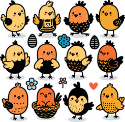 Cartoon Easter chicks. Cute baby farm birds with yellow feathers. Isolated newborn poultry, vector set