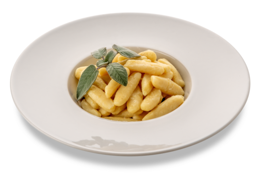 Ravioles de Melle topped with butter and sage sauce, typical gnocchi from Val Varaita, Piedmont, Italy made with potatoes, flour and cheese. Raw gnocchi in dish isolated 
