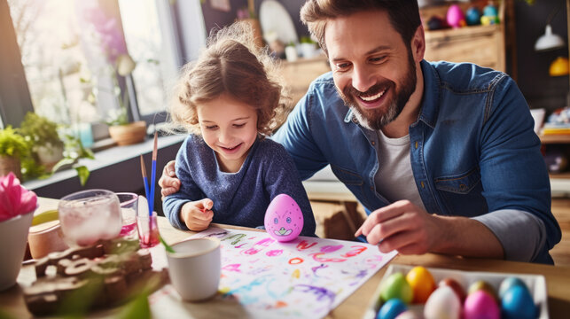 Portrait of a man and a young child with bunny ears, smiling and engaging in Easter festivities, likely painting Easter eggs