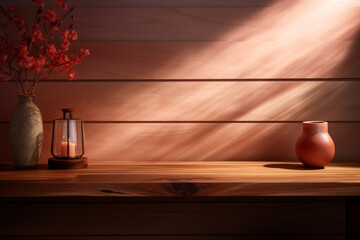 Sunlit Wooden Table Perfect Showcase for Displaying Products