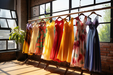 Sunny Boutique Display of Colourful Dresses on Sale