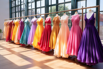 Sunny Boutique Display of Colourful Dresses on Sale