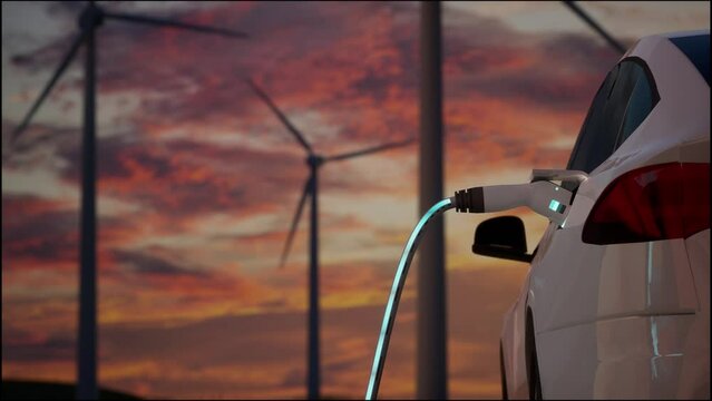 Electric Car Charging With Wind Turbines. Sunset View Of Ev Station With Port Plugged In Car
