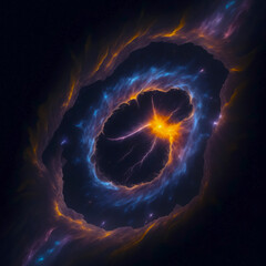 A colorful galaxy with a blue and purple  and background black.	