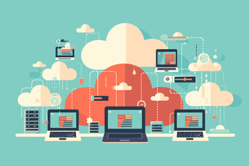 Cloud computing. A digital service or application with data transmission. Network computing technologies. Futuristic Server. Digital space. Data storage. Vector illustration