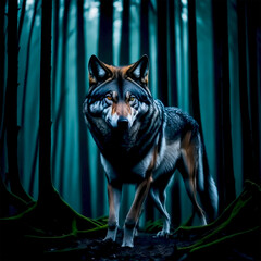 wolf in the night in middle of the cold forest.