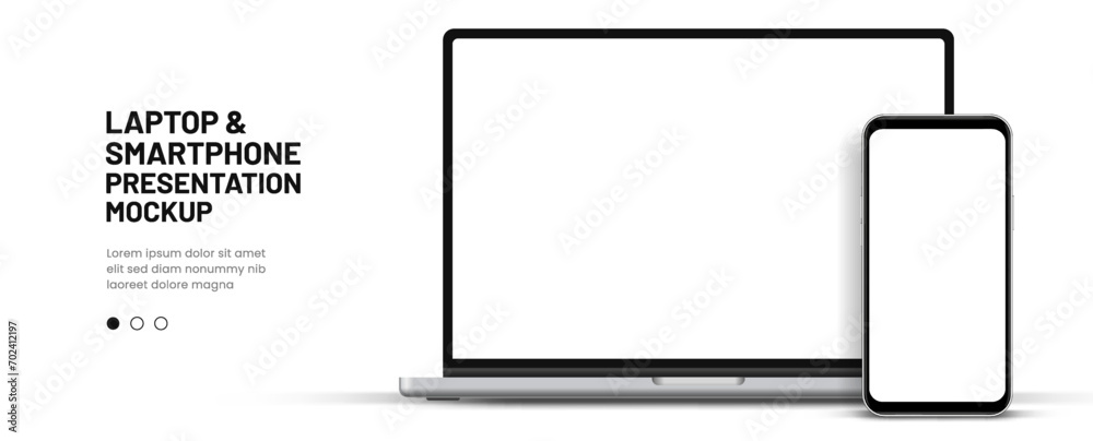 Poster Modern latest laptop mockup front view and smartphone mockup high quality isolated on white background. Notebook mockup and phone device mockup for ui ux app and website presentation Stock Vector.