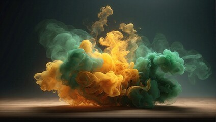 A mesmerizing blend of green and yellow smoke rises elegantly against a dark backdrop, suggestive of a delicate dance of colors.