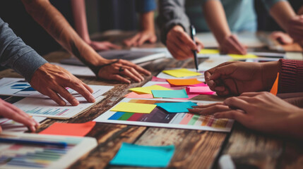 ?lose-up view of several hands collaboratively working on a project with colorful sticky notes, papers, and digital devices on a wooden table.