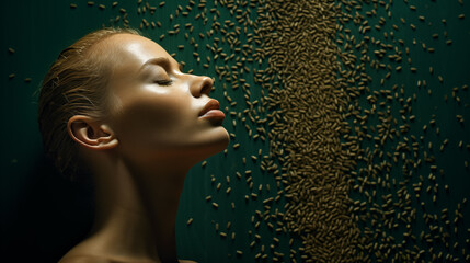Sinnliches Portrait einer Frau mit Getreide. Illustration vor grünem Hintergrund