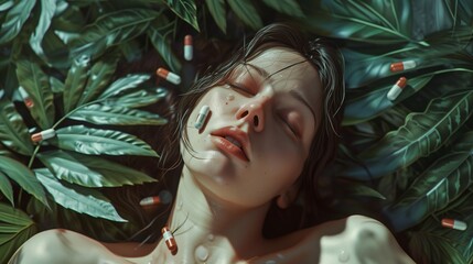 Young woman addicted to drugs sleeping in the forest High on Drug