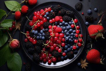Top view of fresh berries plate on table. Bunches of different varieties of berry fruits on a plate
