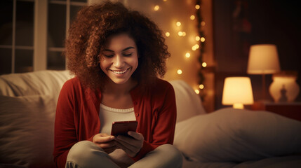 Obraz premium Woman holding her smartphone while sitting at home.
