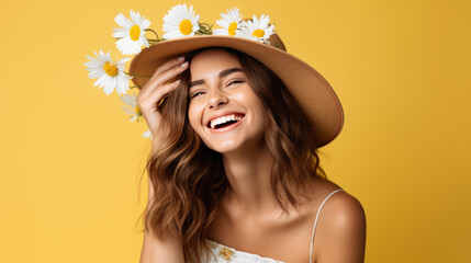 Joyful woman wearing a straw hat adorned with white daisies, laughing and enjoying a sunny day against a yellow background