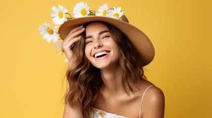 Fototapeten Joyful woman wearing a straw hat adorned with white daisies, laughing and enjoying a sunny day against a yellow background © MP Studio