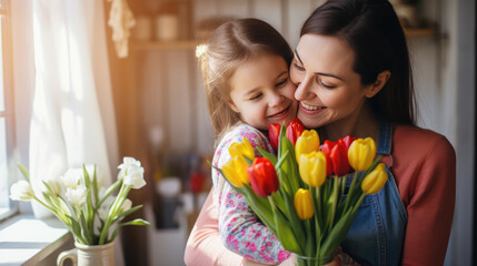 Fototapeta na wymiar Mother and daughter smiling gently, with a bright bouquet of tulips in the foreground.