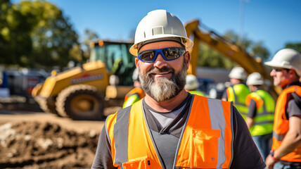 Construction worker or engineer on construction site, wearing protective goggles smiling at camera on construction site on a while heavy machinery working. 
