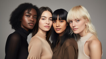 Fototapeta premium Group portrait of women of different ages and ethnic backgrounds, smiling and embracing each other, symbolizing diversity and unity.