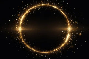 Tuinposter Gold glitter circle of light shine sparkles and golden spark particles in circle frame on black background. Christmas magic stars glow, firework confetti of glittery ring shimmer © Denis