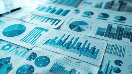 Close-up of various business analytics and metrics displayed in charts and graphs