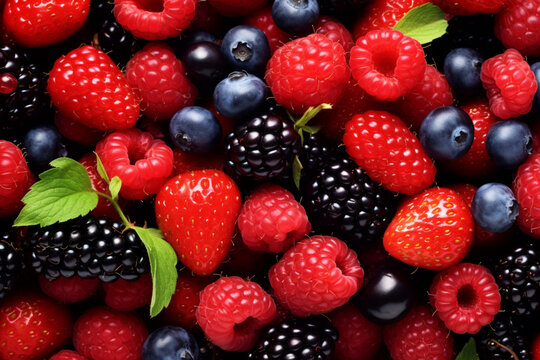 Variety Of Fresh Berries Including Strawberries Raspberries Blueberries Blackberries And Red Currants On A White Background The Berries Are Ripe And Juicy With Bright Colors And A Glossy Sheen