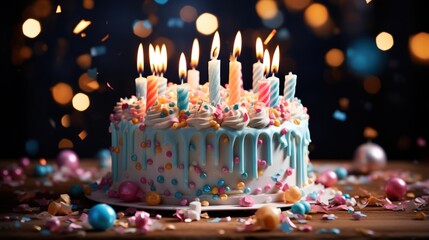 Celebration of a birthday with a cake decorated with lighted candles and colorful sprinkles