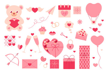 Valentine’s Day set with teddy bear, gift, lips, cake, candy, hearts - obrazy, fototapety, plakaty