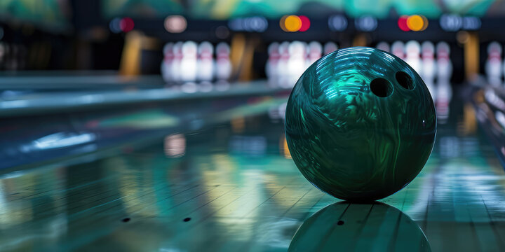 Close-up of a green bowling ball in a bowling alley. Red ball hitting the pins for a strike. Entertainment center, the ball rolling to the pins.