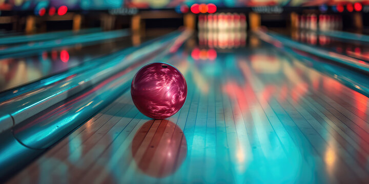 Close-up of a pink bowling ball in a bowling alley. Red ball hitting the pins for a strike. Entertainment center, the ball rolling to the pins.