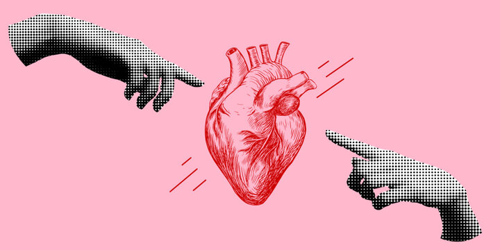 World heart day. Sketch style human heart. Retro halftone hands reaching out to each other. Modern collage. Valentines day banner. Healthcare medical concept. Healthy lifestyle.