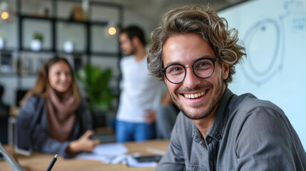 Young man with glasses in the foreground, smiling towards the camera, with coworkers in the background, in a meeting at office