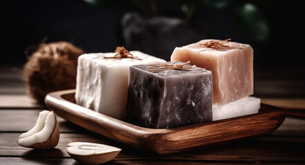 coconut soap on a wooden background, spa and body care, wellness cosmetic concept