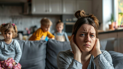 Stressed mother in the foreground with her hand on her forehead - obrazy, fototapety, plakaty