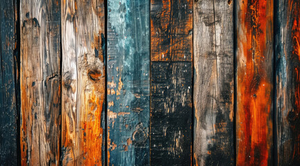 Colourful distressed wooden planks with rustic charm and textured patterns. - obrazy, fototapety, plakaty