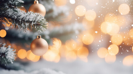 Fototapeta na wymiar Christmas banner background. Christmas tree with christmas decoration. Copy space