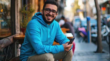 Fototapeta premium Man with a beard and glasses wearing a blue hoodie, sitting at an outdoor table of a cafe, smiling at the camera while holding a smartphone in his hands.