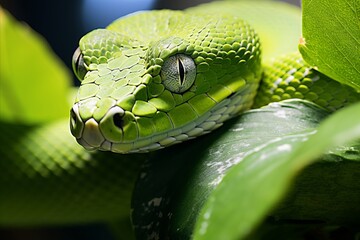 Fototapeta premium Close up macro shot of a vivid green snake gracefully coiled on a lush jungle tree branch