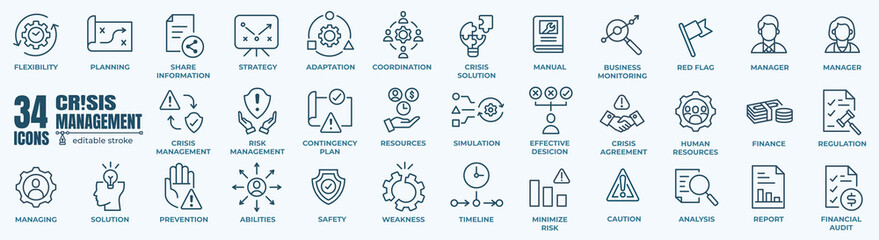 Set of crisis and risk management Icon. Simple line art style icons pack. Vector illustration. Editable line