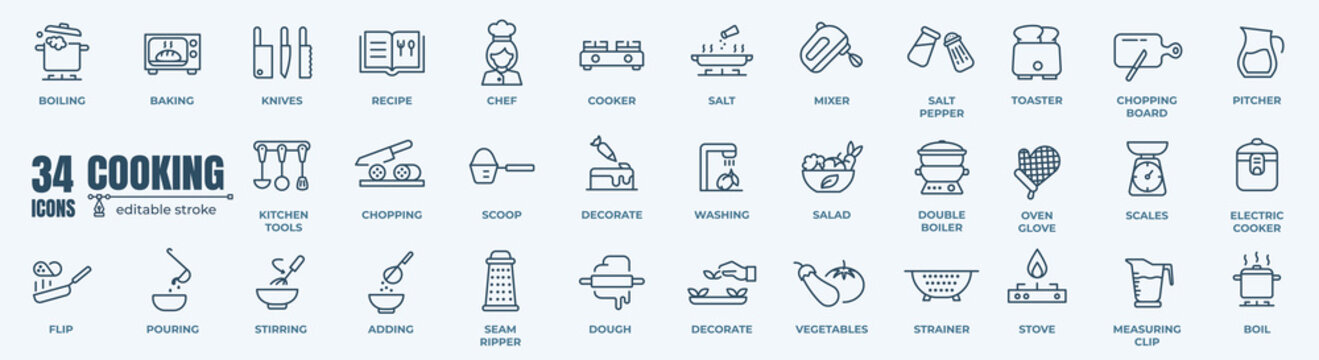 Cooking related line icon set. Pot, pan and kitchen utensils linear icons.