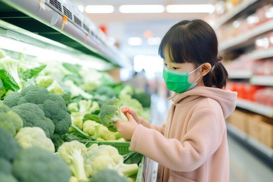 Young Asian mother and adorable little daughter with protective face mask grocery shopping for fresh organic healthy fruits and vegetables in a supermarket, choosing broccoli along the produce aisle