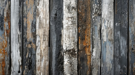 Weathered wooden planks with peeling paint and lichen growth.