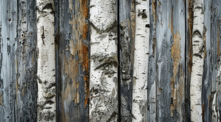 Weathered wooden planks with peeling paint and lichen growth.