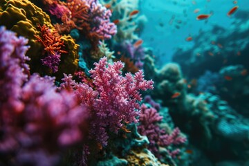 Naklejka na ściany i meble A mesmerizing underwater world filled with colorful fish and diverse organisms, thriving amidst the vibrant stony corals, swaying seaweed, and delicate sponges of a magnificent coral reef