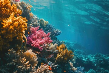 Fototapeta na wymiar A mesmerizing underwater world filled with vibrant stony corals, swaying seaweed, and diverse marine life including colorful fish and delicate invertebrates