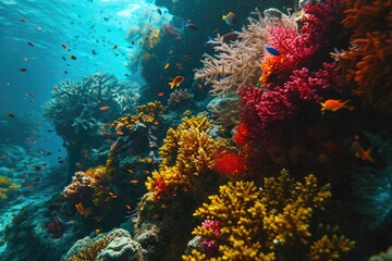 Vibrant marine life dances among the stony corals and seaweed in this mesmerizing underwater world, inviting you to dive into the beauty and wonder of the ocean