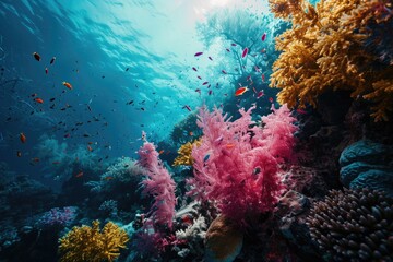 Vibrant marine life thrives among the colorful stony corals and swaying seaweed in this breathtaking underwater oasis, a diver's paradise filled with fascinating invertebrates and schools of shimmeri