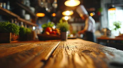 Gordijnen Generative AI, busy chefs working on the restaurant kitchen , blurred background © DELstudio