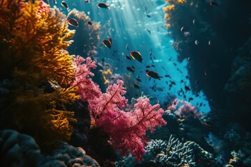 Naklejka na ściany i meble Vibrant stony corals and diverse marine life create a mesmerizing underwater world in this breathtaking aquarium scene