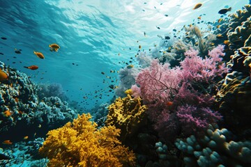 A vibrant underwater world teeming with diverse marine organisms, including stony corals, colorful fish, and swaying seaweed, can be explored through scuba diving in the mesmerizing coral reef